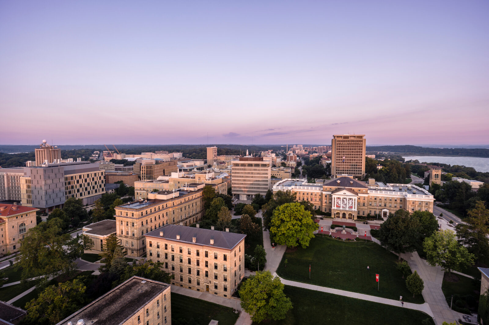 Drone view of Bascom Hill at dawn.